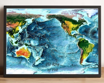 Pacific Ocean Map, Ring of Fire Map, Rinf of Fire Poster, Ring of Fire Vintage Map, Pacific Ocean Relief Map - 2D FLAT PRINT