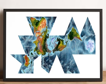 World Map, Fuller Projection World Map, Vintage World Map, Relief World Map, Printed and framed World Map