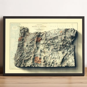 Oregon-kaart, Oregon 2D-reliëfkaart, vintage kaart Oregon, Oregon-poster, Oregon-muurdecoratie, Oregon-poster, Oregon-cadeau - 2D FLAT PRINT