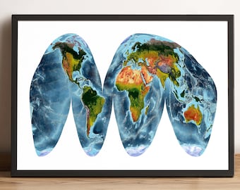 World Map, Goode Homolosine Land Projection, Vintage World Map, World Relief Map, Vintage World Map, World Map Gift