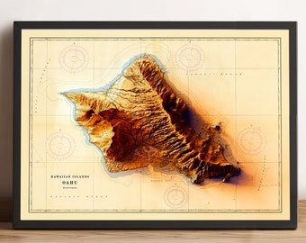 Oahu Island Map (sunset Version), Hawaii 2D Relief Map, Oahu 2D