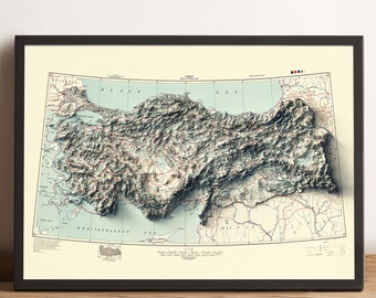 May include: A vintage-style relief map of Turkey, showing the country's topography with shaded relief and major cities and roads. The map is framed in black and has a light blue background.