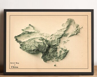 China Map, China 2D Relief Map, China Vintage Map, China Minimalist Map, China Wall Decor, China Handmade Home Decor - 2D FLAT PRINT