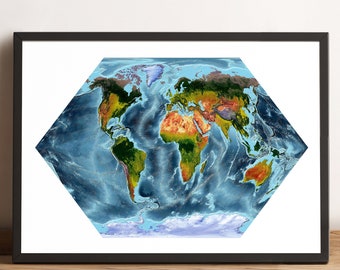 World Map, Eckert Projection World Map, Vintage World Map, Relief World Map, Printed World Map, Framed World Map