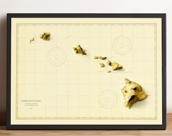 Hawaii Map, Hawaii 2D Relief Map, Hawaii Vintage Map, Hawaiian Islands Map, Hawaii Print, Big Island Map - 2D FLAT PRINT