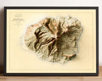 Kauai Island Map, Hawaii Map, Kauai 2D Relief Map, Kauai Vintage Map, Hawaiian Islands Map, Kauai Print, Kauai Gift - 2D FLAT PRINT