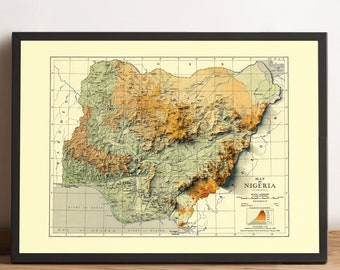 Nigeria Karte, Nigeria 2D Reliefkarte, Nigeria Poster, Nigeria Vintage Karte, Nigeria alte Karte, Nigeria Wandkunst, Nigeria Geschenk - 2D FLACHDRUCK