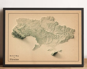 Ukraine Map, Ukraine 2D Relief Map, Ukraine Vintage Map, Ukraine Wall Art, Ukraine Print, Ukraine Minimalist Map Gift - 2D FLAT PRINT