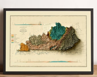 May include: A vintage relief map of Kentucky, showing the state's topography with different colors representing elevation. The map is framed in black and has a cream-colored background.