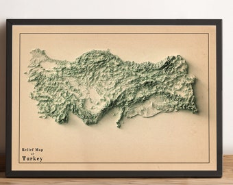 May include: A vintage-style relief map of Turkey, printed on a cream-colored paper with a black frame. The map shows the topography of the country with green shading for elevation.