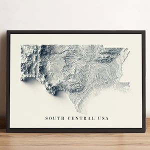 Kaart South Central USA, South Central 2D-reliëfkaart, kaart van Texas, kaart van New Mexico, kaart van Arkansas, kaart van Oklahoma, kaart van Louisiana - 2D FLAT PRINT