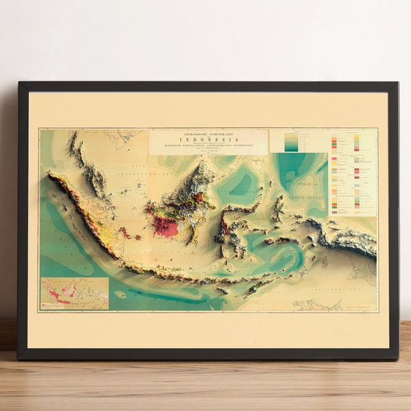 Indonesia Map, Indonesia 2D Relief Map, Indonesia Vintage Map, Indonesia Poster, Indonesia Geological Map, Indonesia Gift - 2D FLAT PRINT