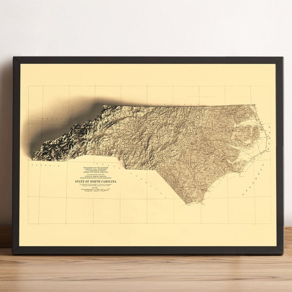 North Carolina Map, North Carolina 2D Relief Map, North Carolina Vintage Map, North Carolina Print, North Carolina Wall Art - 2D FLAT PRINT