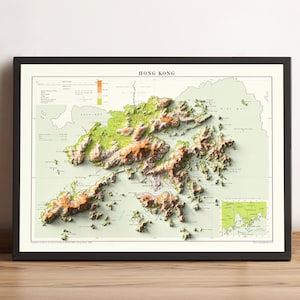 Hong Kong Map, Hong Kong 2D Relief, Hong Kong Print, gerahmte Vintage Karte von Hong Kong, alte Karte von Hong Kong - 2D FLACHDRUCK