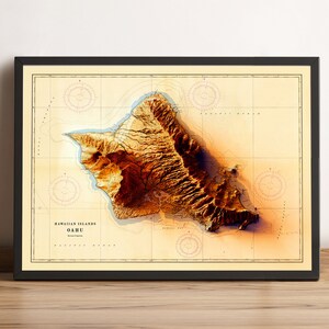 Kaart van Oahu (zonsondergangversie), 2D-reliëfkaart van Hawaï, 2D-reliëfkaart van Oahu, kaart van Honolulu, kaart van Oahu - 2D FLAT PRINT