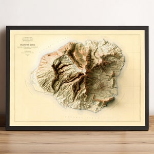 Carte de l'île de Kauai, carte Hawaï, carte en relief 2D de Kauai, carte vintage de Kauai, carte des îles Hawaï, impression de Kauai, cadeau Kauai - impression 2D à plat