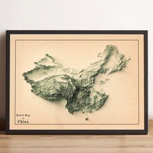 China Map, China 2D Relief Map, China Vintage Map, China Minimalist Map, China Wanddekor, China Handmade Wohndekor - 2D FLACHDRUCK