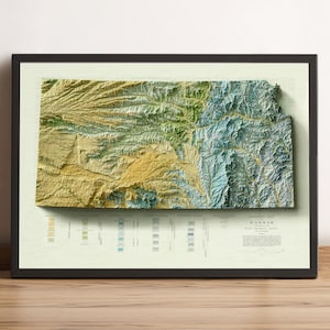 Kansas Map, Kansas 2D Relief, Vintage Karte, Kansas Geologische Karte, Kansas Wand Dekor Druck, Kansas Geschenk - 2D FLACHDRUCK