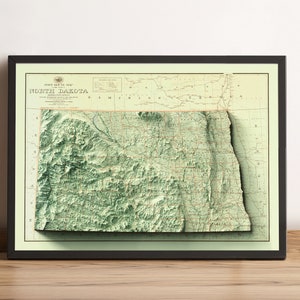 Kaart van North Dakota, 2D-reliëfkaart van North Dakota, vintage kaart van North Dakota, kunst aan de muur van North Dakota, cadeau van North Dakota - 2D FLAT PRINT