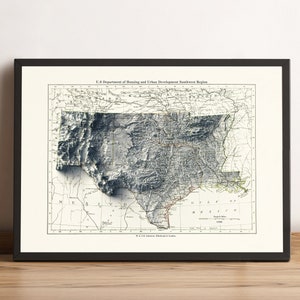 Kaart South Central USA, South Central 2D-reliëfkaart, kaart van Texas, kaart van New Mexico, kaart van Arkansas, kaart van Oklahoma, kaart van Louisiana - 2D FLAT PRINT
