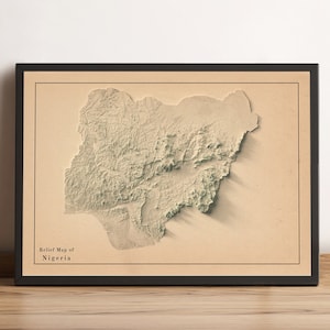Nigeria Karte, Nigeria 2D Reliefkarte, Nigeria Geschenk, Nigeria antike Karte, Nigeria Minimalistische Karte, Nigeria Wandkunst Poster - 2D FLACHDRUCK