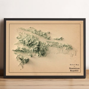 Kaart van de Dominicaanse Republiek, 2D-reliëfkaart van de Dominicaanse Republiek, minimalistische kaart República Dominicana, kunst aan de muur Dominicaanse Republiek - 2D FLAT PRINT