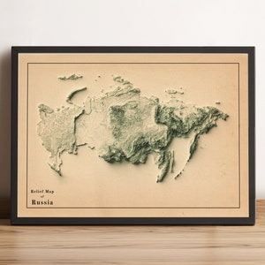 Kaart van Rusland, 2D-reliëfkaart van Rusland, vintage kaart van Rusland, minimalistische kaart van Rusland, Rusland print, Rusland wanddecoratie, Rusland poster-2D FLAT PRINT