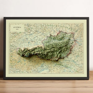 Austria Map, Austria 2D Relief Map, Austria Vintage Map, Österreich Map, Austria Print, Austria Wall Decor, Austria Gift - 2D FLAT PRINT