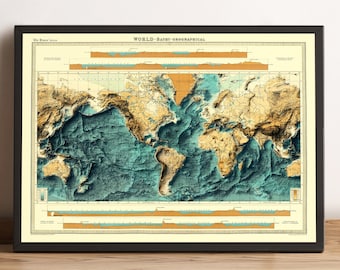 Puede incluir: Un mapa del mundo vintage con un esquema de color azul y verde que muestra la topografía de la Tierra. El mapa está titulado "WORLD - BATHY-OROGRAPHICAL".