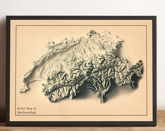 Switzerland Map, Switzerland 2D Relief Map, La Suisse Map, Schweiz Vintage Map, Switzerland Minimalist Wall Art Map - 2D FLAT PRINT