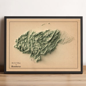 Kaart van Honduras, kaart van 2D-reliëf van Honduras, vintage kaart van Honduras, kunst aan de muur van Honduras, afdruk van Honduras, minimalistisch cadeau van Honduras - 2D PLATTE PRINT