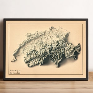 Kaart van Zwitserland, 2D-reliëfkaart van Zwitserland, kaart van La Suisse, vintage kaart van Schweiz, kaart met minimalistische muurkunst van Zwitserland - 2D FLAT PRINT