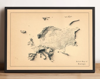 Kaart van Europa, 2D reliëfkaart van Europa, minimalistische posterkaart van Europa, muurdecoratie van Europa, cadeau van Europa - 2D platte print