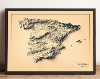 Spain Map, Spain 2D Relief Map, Spain Soil Map, Spain Vintage Map, Spain Holidays Gift, Espana Mapa, Iberian Peninsula Map - 2D FLAT PRINT