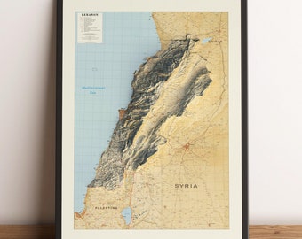 Lebanon Map, Lebanon 2D Relief Map, Lebanon Vintage Map, Lebanon Wall Art Poster, Lebanon Gift, Beirut Poster - 2D FLAT PRINT