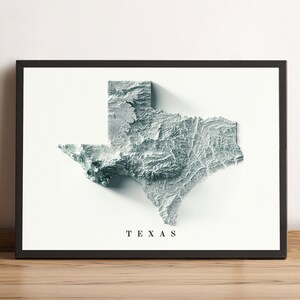 Kaart van Texas, Texas 2D-reliëfkaart, Texas minimalistische poster, Texas cadeau, Texas Wall Art, Texas gedrukte kaart - 2D FLAT PRINT