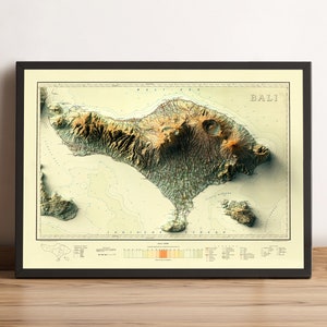 Bali Indonesien Karte, Bali 2D Reliefkarte, Bali Vintage Karte, Bali Poster, Bali Wandkunst, Bali Print, Bali Strände - 2D FLACHDRUCK