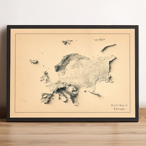 Mapa de Europa, Mapa en relieve 2D de Europa, Póster minimalista de Europa, Arte mural de Europa, Regalo de Europa - IMPRESIÓN PLANA 2D