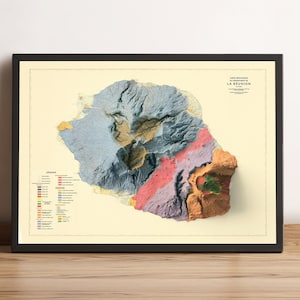 Kaart van Réunion, 2D-reliëfkaart van La Réunion, vintage kaart Réunion Frankrijk, geologische kaart Réunion, poster Réunion - 2D FLAT PRINT