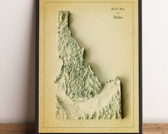 Mapa de Idaho, mapa en relieve 2D de Idaho, impresión de Idaho, mapa vintage de Idaho, mapa antiguo de Idaho, mapa topográfico de Idaho, regalo de Idaho - IMPRESIÓN PLANA 2D