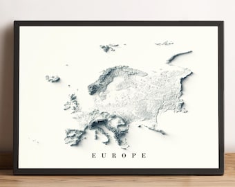 Kaart van Europa, 2D reliëfkaart van Europa, minimalistische posterkaart van Europa, muurdecoratie van Europa, cadeau van Europa - 2D platte print