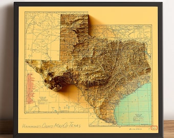Texas Map, Texas 2D Relief Map, Texas Old Map, Texas Vintage Map, Texas Historical Map, Texas Wall Art, Texas Gift - 2D FLAT PRINT