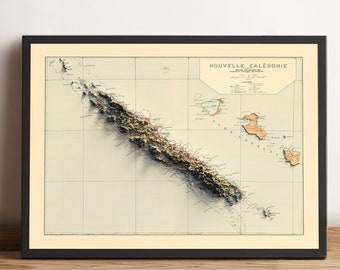 New Caledonia Map, New Caledonia 2D Relief Map, New Caledonia Vintage Map, New Caledonia Decor, New Caledonia Gift - 2D FLAT PRINT