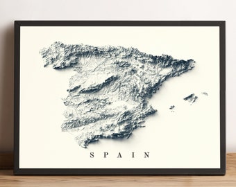 Spain Map, Spain 2D Relief Map, Spain Vintage Map, Spain Holidays Gift, Espana Mapa, Iberian Peninsula Map - 2D FLAT PRINT