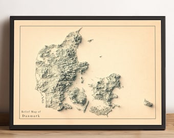 Denmark Map, Denmark 2D Relief Map, Denmark Minimalist Map, Danmark Poster, Danmark Wall Art, Denmark Print - 2D FLAT PRINT