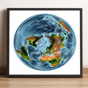 World Map, WGS 1984 Grid North Projection, Vintage World Map, Relief World Map, Printed World Map, Framed World Map, Arctic Map