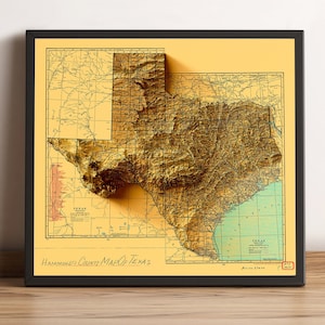 Kaart van Texas, 2D-reliëfkaart van Texas, oude kaart van Texas, vintage kaart van Texas, historische kaart van Texas, kunst aan de muur van Texas, cadeau van Texas - 2D FLAT PRINT