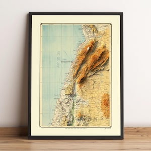 Carte du Liban, carte en relief 2D du Liban, carte vintage du Liban, affiche d'art mural du Liban, cadeau du Liban, affiche de Beyrouth - impression 2D à plat