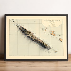 Kaart van Nieuw-Caledonië, 2D-reliëfkaart van Nieuw-Caledonië, vintage kaart van Nieuw-Caledonië, decor van Nieuw-Caledonië, cadeau Nieuw-Caledonië - 2D FLAT PRINT