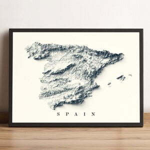 Kaart van Spanje, 2D-reliëfkaart van Spanje, vintage kaart van Spanje, vakantiecadeau Spanje, kaart van Spanje, kaart van het Iberisch schiereiland, kaart van het Iberisch schiereiland - 2D FLAT PRINT